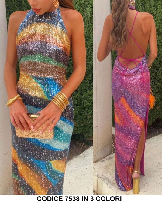 Abito Lungo Colorato Elegante Cerimonia Allacciato al Collo Schiena Scoperta Vestito in Lustrini in 3 Colori - 7538