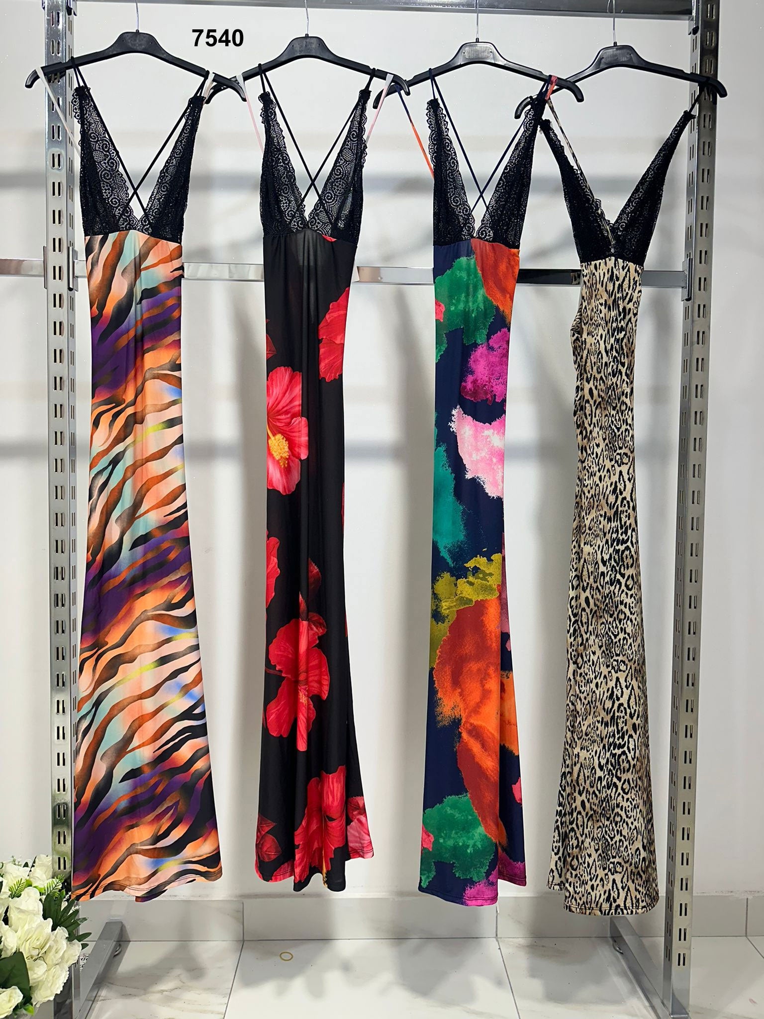 Abito Lungo Elegante Multicolore Corpetto Merletto Nero Scollo V Vestito Effetto Sirena in 4 Fantasie - 7540