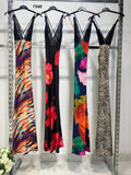 Abito Lungo Elegante Multicolore Corpetto Merletto Nero Scollo V Vestito Effetto Sirena in 4 Fantasie - 7540
