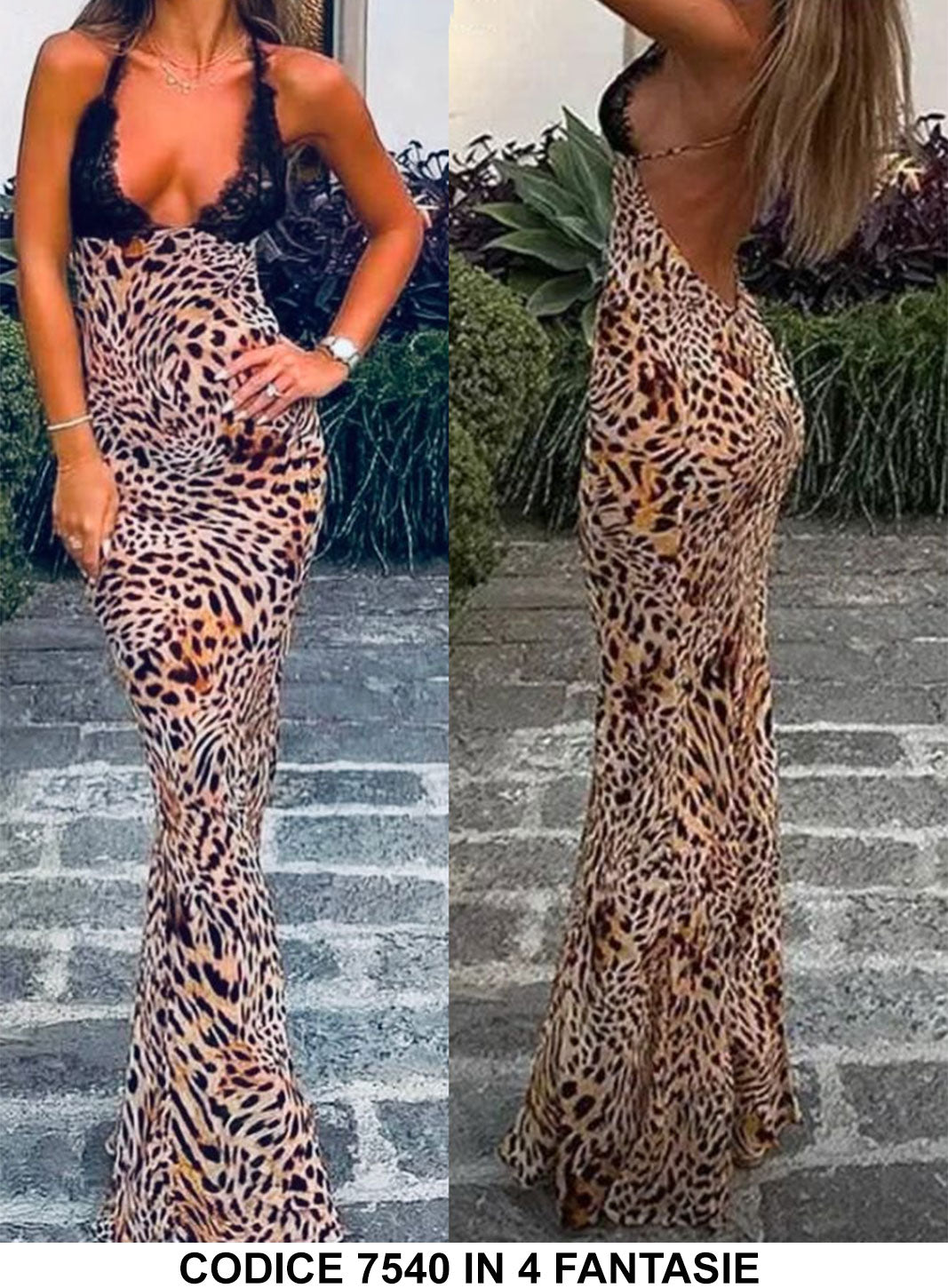 Abito Lungo Elegante Multicolore Corpetto Merletto Nero Scollo V Vestito Effetto Sirena in 4 Fantasie - 7540
