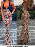 Abito Lungo Elegante Multicolore Corpetto Merletto Nero Scollo V Vestito Effetto Sirena in 4 Fantasie - 7540