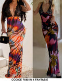 Abito Lungo Elegante Multicolore Corpetto Merletto Nero Scollo V Vestito Effetto Sirena in 4 Fantasie - 7540