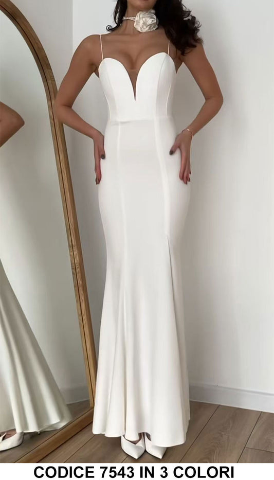 Abito Lungo Elegante Cerimonia Scollo V Aderente Sensuale Vestito Schiena Scoperta in 3 Colori - 7543