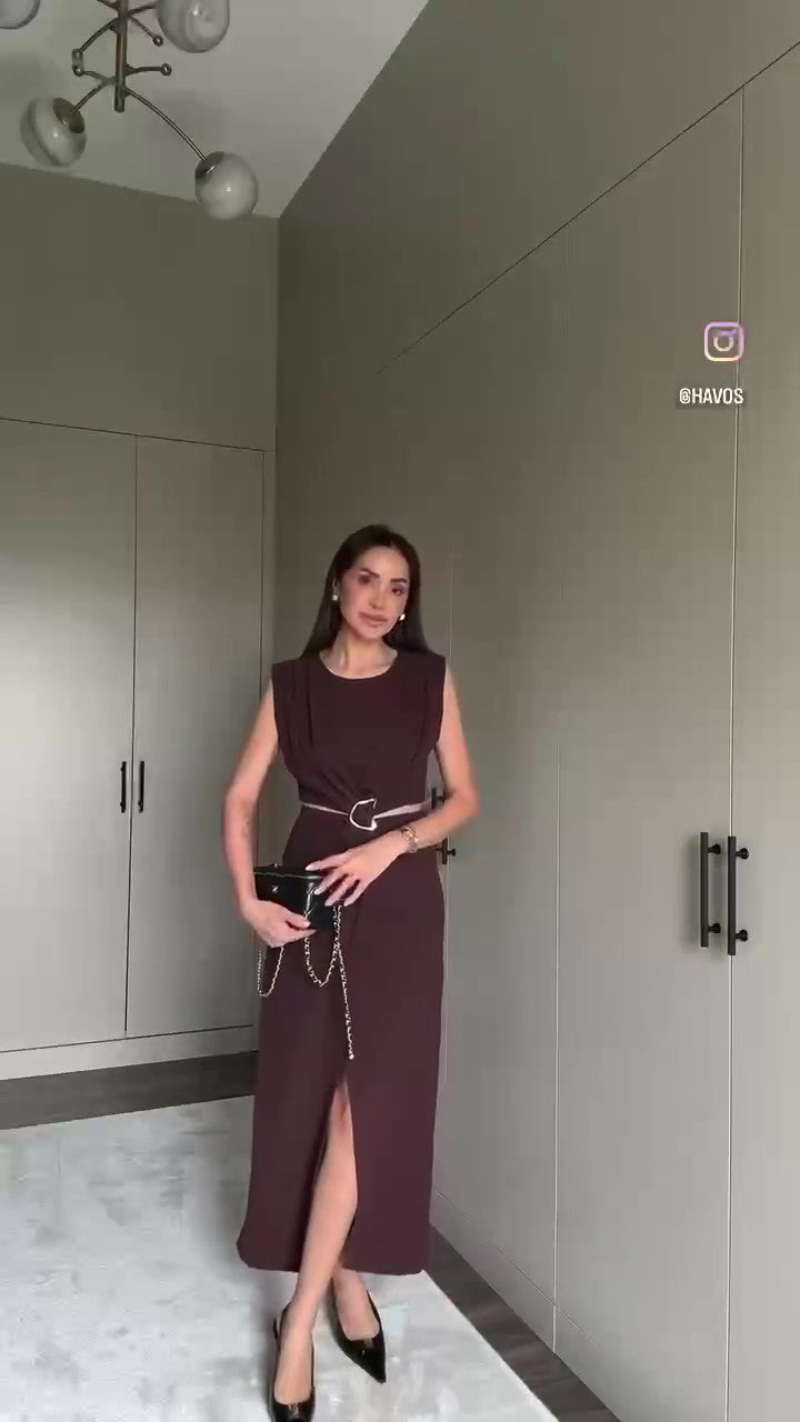 Abito Lungo Midi Cut Out Smanicato Spalline Spacco Laterale Vestito Elegante Fermaglio Gioiello in 5 Colori - 7544