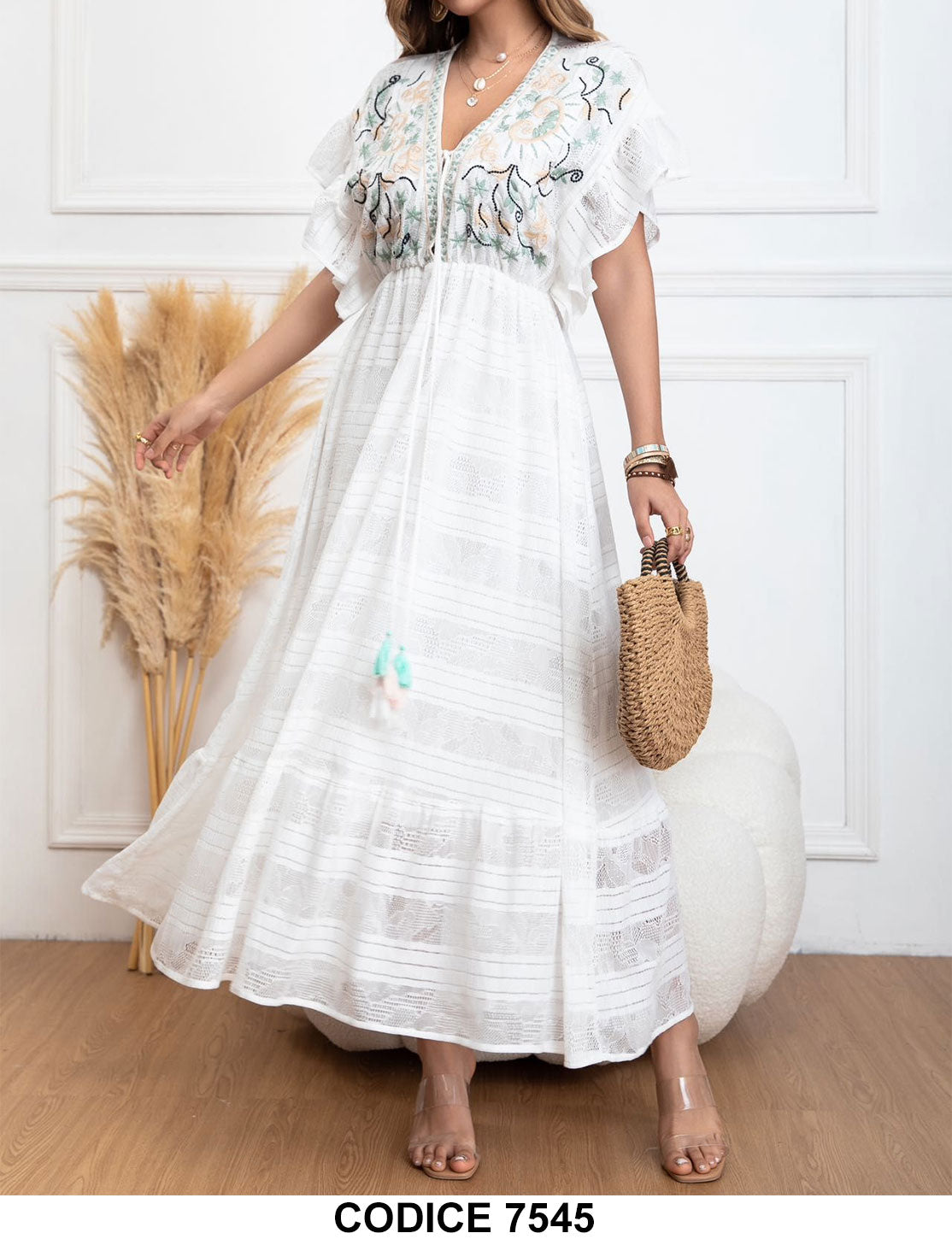 Abito Lungo Elegante Romantico Bianco Manica Rouche Stampa Colorata Astratta Vestito Casual - 7545