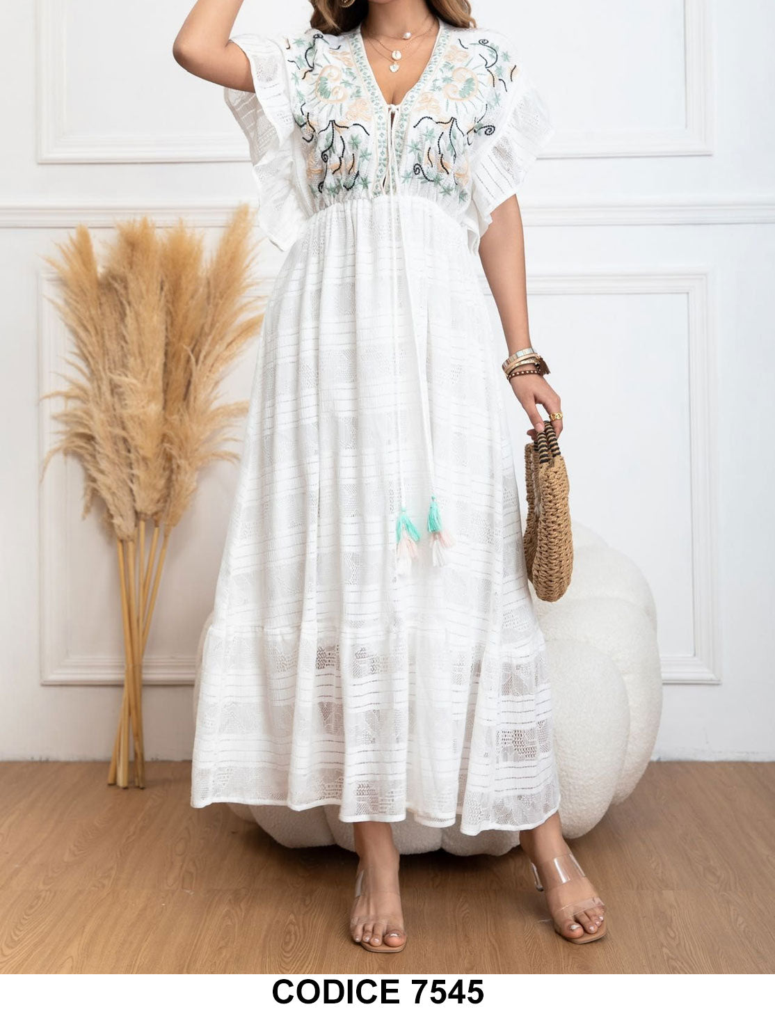 Abito Lungo Elegante Romantico Bianco Manica Rouche Stampa Colorata Astratta Vestito Casual - 7545