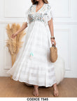 Abito Lungo Elegante Romantico Bianco Manica Rouche Stampa Colorata Astratta Vestito Casual - 7545