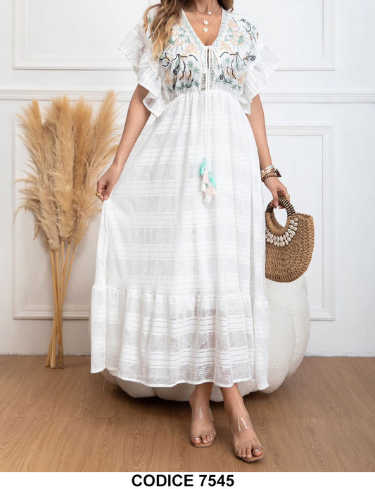 Abito Lungo Elegante Romantico Bianco Manica Rouche Stampa Colorata Astratta Vestito Casual - 7545