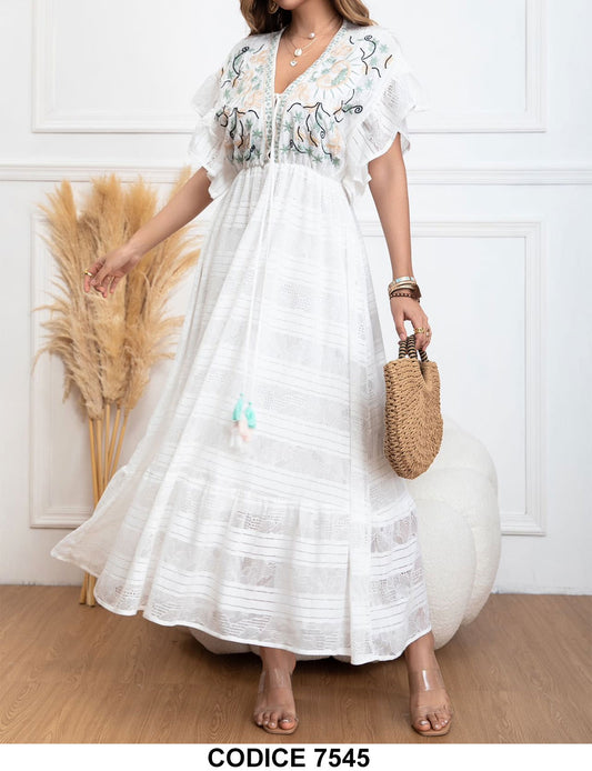Abito Lungo Elegante Romantico Bianco Manica Rouche Stampa Colorata Astratta Vestito Casual - 7545