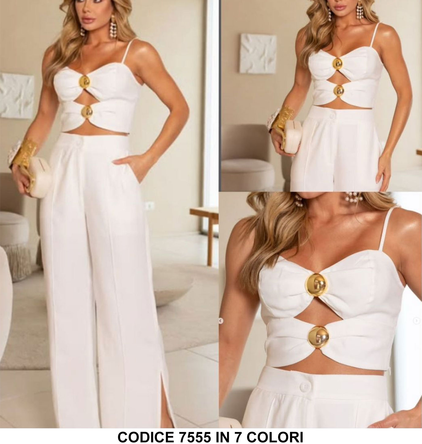 Completo Elegante Maglia Top Bottoni oro Gioiello Pantalone Palazzo Coordinato Casual Estate in 7 Colori - 7555