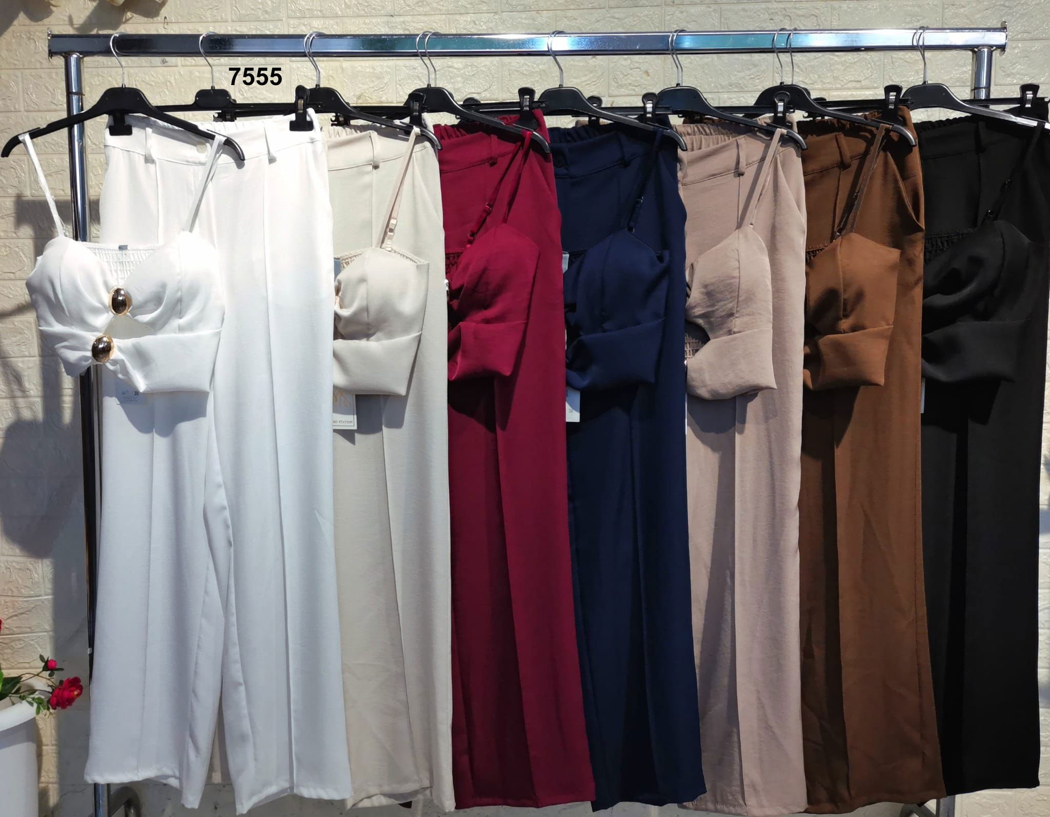 Completo Elegante Maglia Top Bottoni oro Gioiello Pantalone Palazzo Coordinato Casual Estate in 7 Colori - 7555