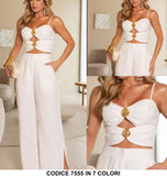 Completo Elegante Maglia Top Bottoni oro Gioiello Pantalone Palazzo Coordinato Casual Estate in 7 Colori - 7555