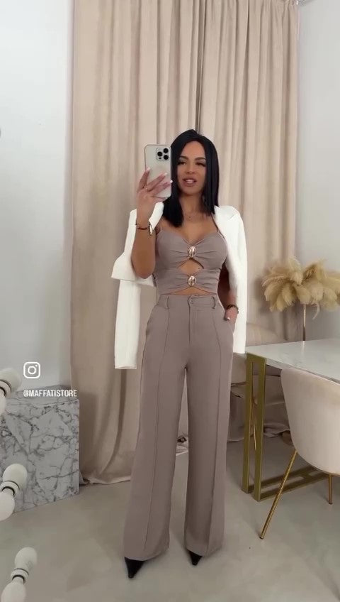 Completo Elegante Maglia Top Bottoni oro Gioiello Pantalone Palazzo Coordinato Casual Estate in 7 Colori - 7555