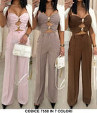 Completo Elegante Maglia Top Bottoni oro Gioiello Pantalone Palazzo Coordinato Casual Estate in 7 Colori - 7555