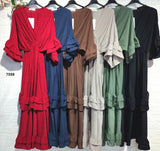 Abito Lungo Elegante Cerimonia Manica 3/4 Vestito con Balze e Rouche Effetto Grinzato in 6 Colori - 7559