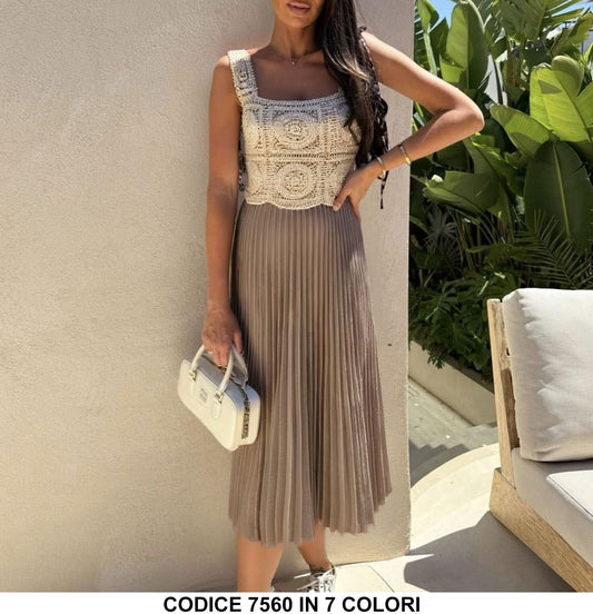 Tuta Intera Elegante Corpetto in Merletto Pantalone Plissettato Capri Jumpsuit Serata Evento in 7 Colori - 7560