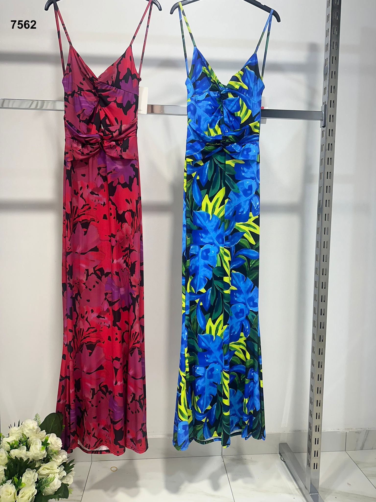 Abito Lungo Colorato Casual Stampa Jungle Vestito Serata Estate Evento Spiaggia in Blu o Rosso - 7562