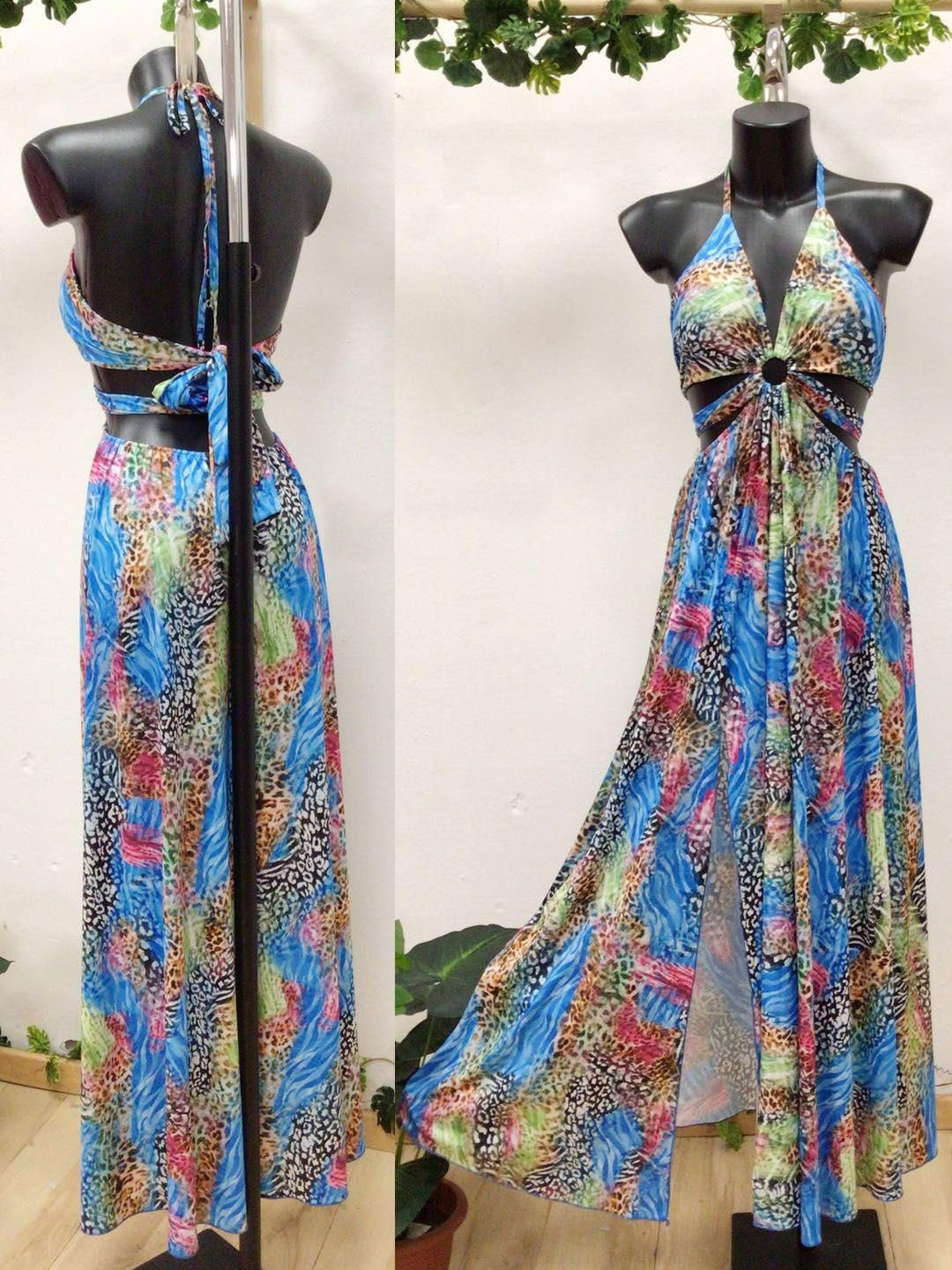 Abito Lungo Casual Allacciato al Collo Multicolore Stampa Animalier Jungle Vestito Colorato Serata - 7563