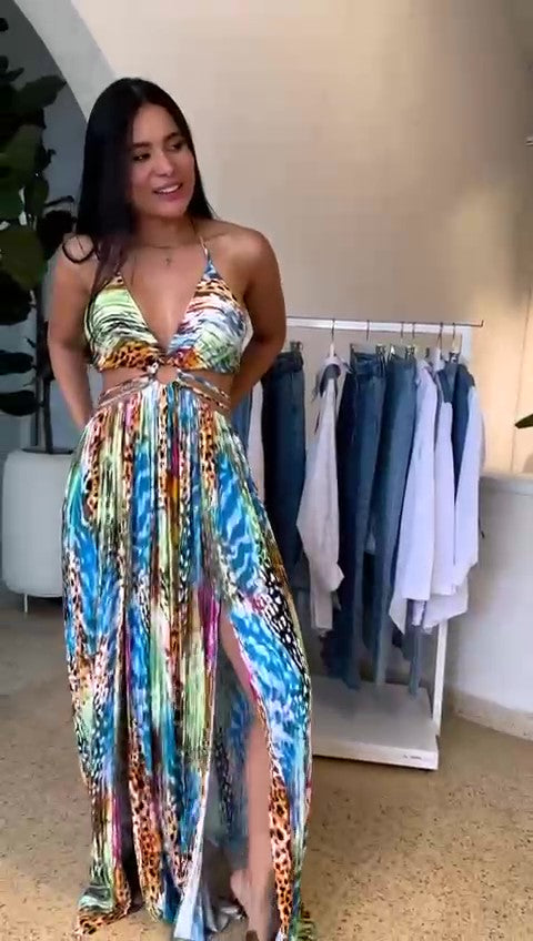 Abito Lungo Casual Allacciato al Collo Multicolore Stampa Animalier Jungle Vestito Colorato Serata - 7563