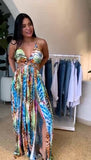 Abito Lungo Casual Allacciato al Collo Multicolore Stampa Animalier Jungle Vestito Colorato Serata - 7563