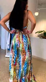 Abito Lungo Casual Allacciato al Collo Multicolore Stampa Animalier Jungle Vestito Colorato Serata - 7563