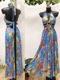 Abito Lungo Casual Allacciato al Collo Multicolore Stampa Animalier Jungle Vestito Colorato Serata - 7563