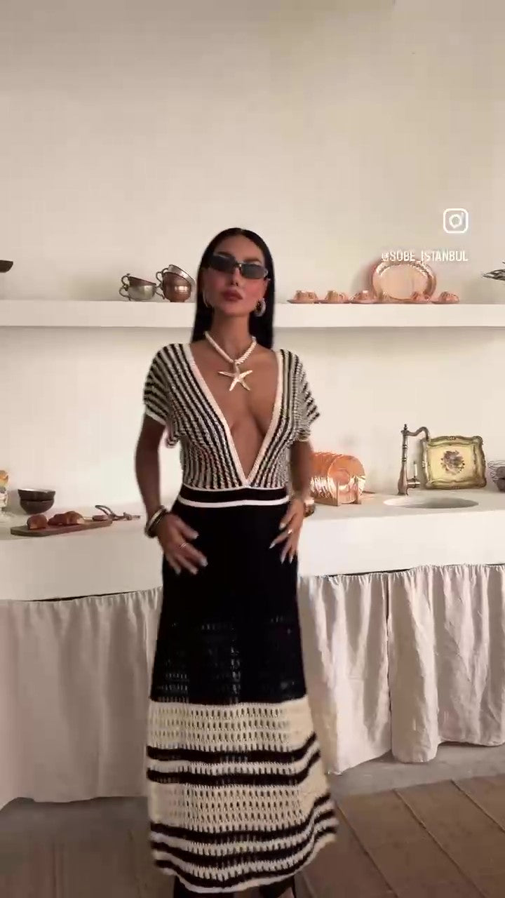 Abito Lungo Bicolore Casual Romantico Macramè Vestito Scollo Profondo Mezza manica in 4 Colori - 7565