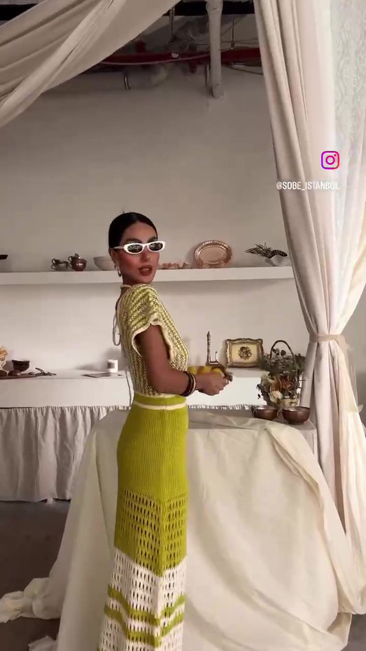 Abito Lungo Bicolore Casual Romantico Macramè Vestito Scollo Profondo Mezza manica in 4 Colori - 7565