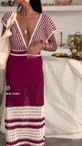 Abito Lungo Bicolore Casual Romantico Macramè Vestito Scollo Profondo Mezza manica in 4 Colori - 7565