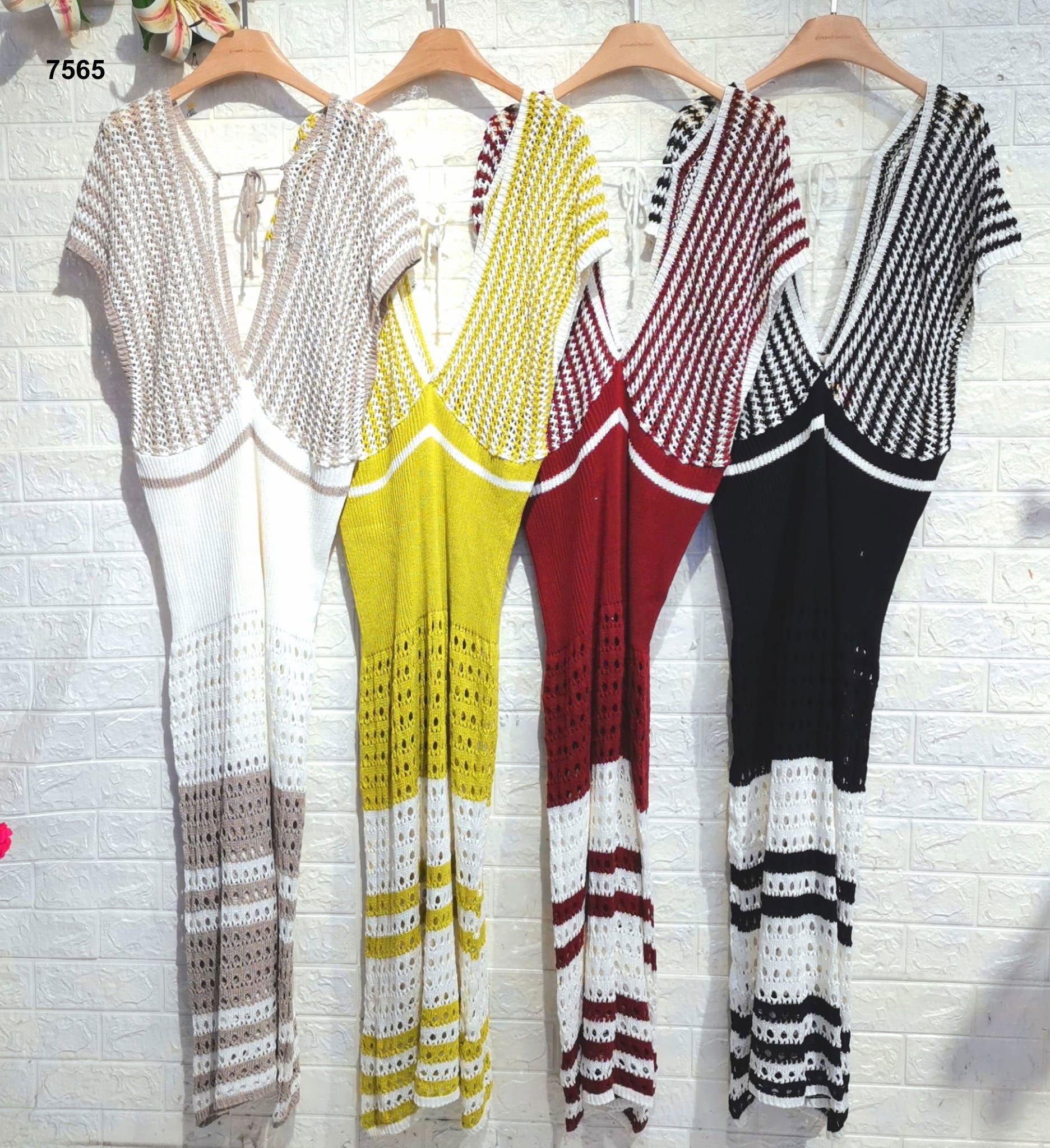 Abito Lungo Bicolore Casual Romantico Macramè Vestito Scollo Profondo Mezza manica in 4 Colori - 7565