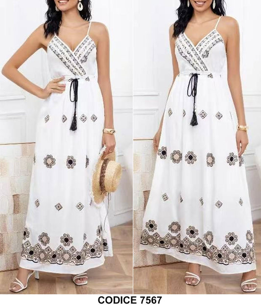 Abito Lungo Elegante Romantico Bianco Particolari in Beige Nero Vestito Smanicato Estate con Cintura - 7567