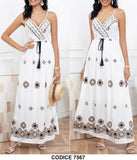 Abito Lungo Elegante Romantico Bianco Particolari in Beige Nero Vestito Smanicato Estate con Cintura - 7567
