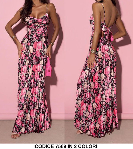 Abito Lungo Colorato Elegante Plissettato Stampa Fiorellini Vestito Cut Out Fiocco Posteriore in 2 Colori - 7569