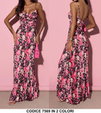 Abito Lungo Colorato Elegante Plissettato Stampa Fiorellini Vestito Cut Out Fiocco Posteriore in 2 Colori - 7569