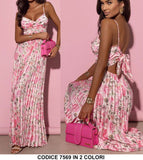 Abito Lungo Colorato Elegante Plissettato Stampa Fiorellini Vestito Cut Out Fiocco Posteriore in 2 Colori - 7569