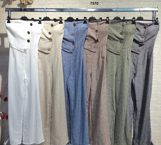 Tuta Elegante Intera Bottoni Gioiello Dorati Corpetto Asimmetrico Pantalone Palazzo Jumpsuit Evento in 6 Colori - 7570