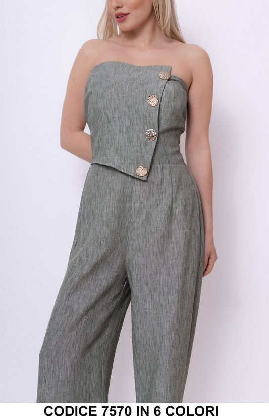 Tuta Elegante Intera Bottoni Gioiello Dorati Corpetto Asimmetrico Pantalone Palazzo Jumpsuit Evento in 6 Colori - 7570