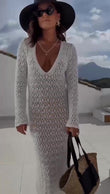 Abito Lungo Scollo V Estate Spiaggia Effetto Macramè Vestito Casual Elegante Serata Apertivio in 6 Colori - 7571