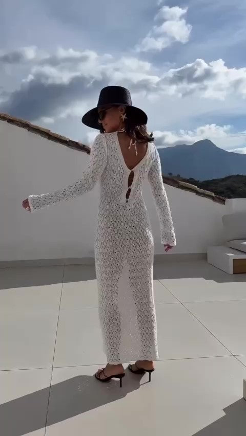 Abito Lungo Scollo V Estate Spiaggia Effetto Macramè Vestito Casual Elegante Serata Apertivio in 6 Colori - 7571