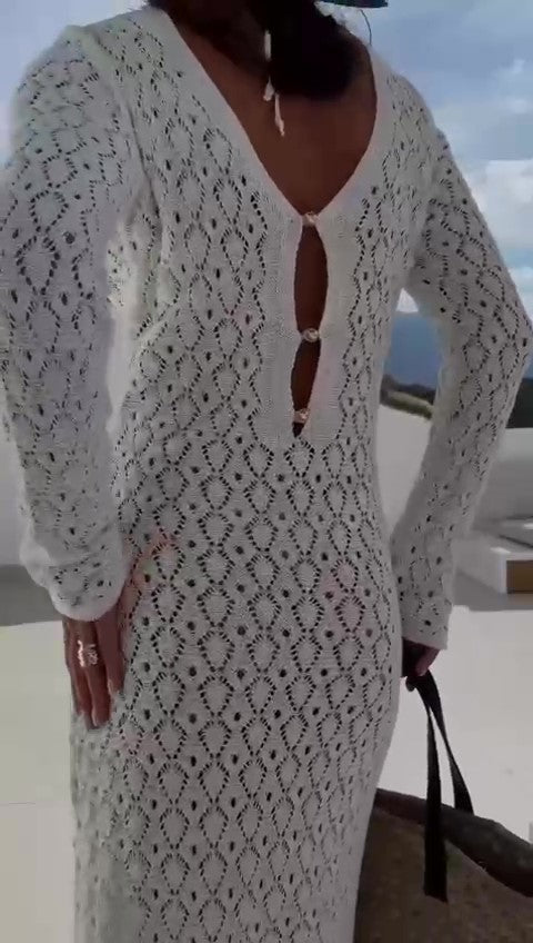 Abito Lungo Scollo V Estate Spiaggia Effetto Macramè Vestito Casual Elegante Serata Apertivio in 6 Colori - 7571