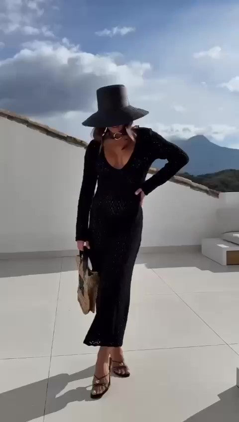 Abito Lungo Scollo V Estate Spiaggia Effetto Macramè Vestito Casual Elegante Serata Apertivio in 6 Colori - 7571