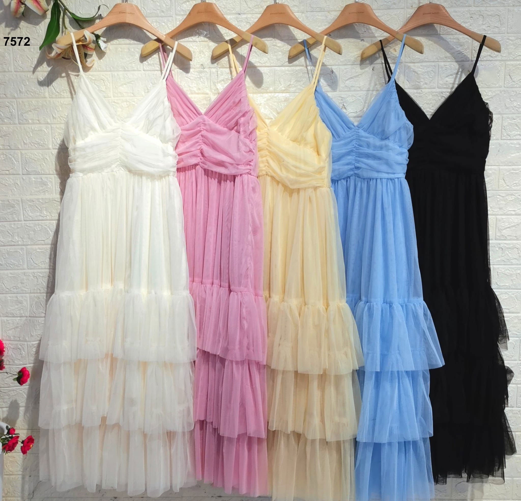Abito Lungo Elegante da Cerimonia con Bretelle Balze in Velo Vestito Evento Effetto Chiffon in 5 Colori - 7572