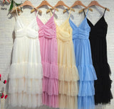 Abito Lungo Elegante da Cerimonia con Bretelle Balze in Velo Vestito Evento Effetto Chiffon in 5 Colori - 7572