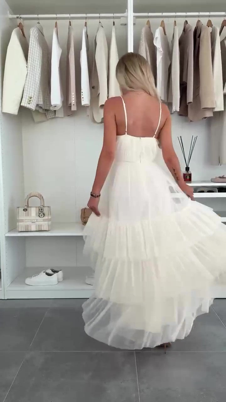 Abito Lungo Elegante da Cerimonia con Bretelle Balze in Velo Vestito Evento Effetto Chiffon in 5 Colori - 7572
