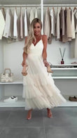 Abito Lungo Elegante da Cerimonia con Bretelle Balze in Velo Vestito Evento Effetto Chiffon in 5 Colori - 7572