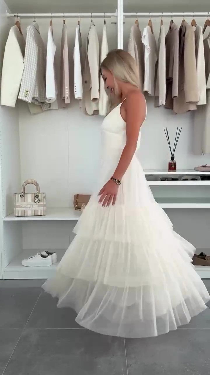 Abito Lungo Elegante da Cerimonia con Bretelle Balze in Velo Vestito Evento Effetto Chiffon in 5 Colori - 7572