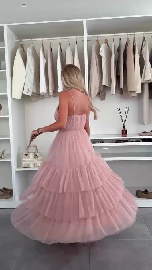 Abito Lungo Elegante da Cerimonia con Bretelle Balze in Velo Vestito Evento Effetto Chiffon in 5 Colori - 7572