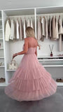 Abito Lungo Elegante da Cerimonia con Bretelle Balze in Velo Vestito Evento Effetto Chiffon in 5 Colori - 7572