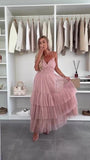 Abito Lungo Elegante da Cerimonia con Bretelle Balze in Velo Vestito Evento Effetto Chiffon in 5 Colori - 7572