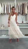 Abito Lungo Elegante da Cerimonia con Bretelle Balze in Velo Vestito Evento Effetto Chiffon in 5 Colori - 7572